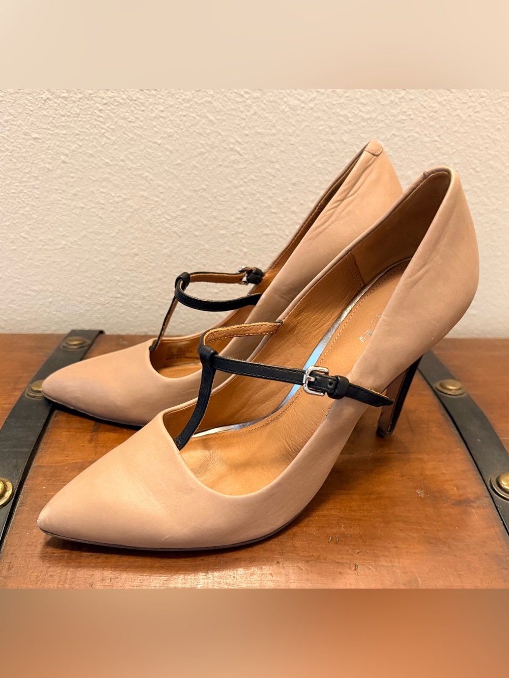 Coach Nude Pointed-Toe T-Strap Pumps with Black Straps